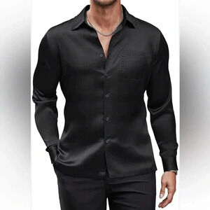 Coofandy Black Pinstripe Satin/Silky Look  Ling Sleeve Dress Shirt Size Small